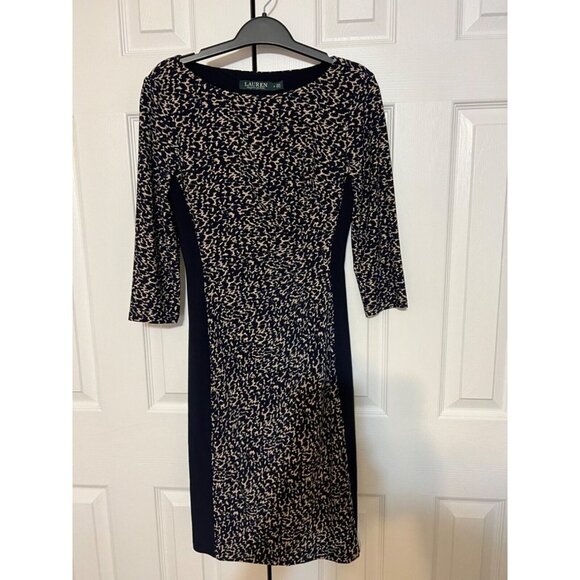 Ralph Lauren Dress Navy Blue Brown 2 XS Washable Stretch Sheath Career Church - Picture 9 of 9